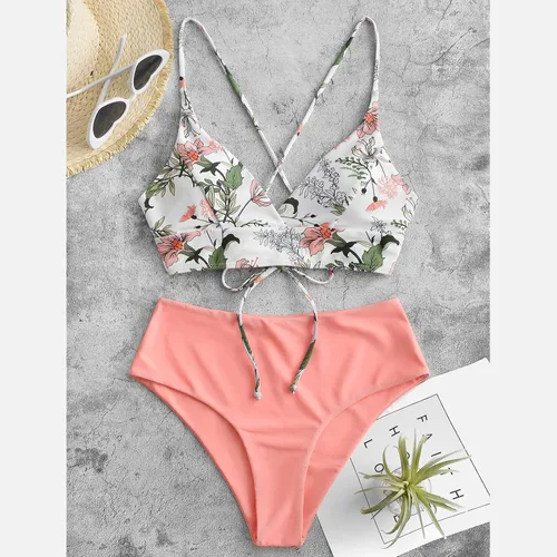 Vista 2 de SNKSDGM Bikini de cintura baja para mujer, 2 piezas, control de abdomen, parte inferior cruzada frontal, traje de baño