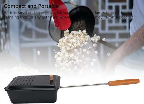 Vista 5 de Popcorn Popper - Máquina de palomitas de maíz con mango de madera de hierro fundido para patio trasero, caravana, camping y uso doméstico