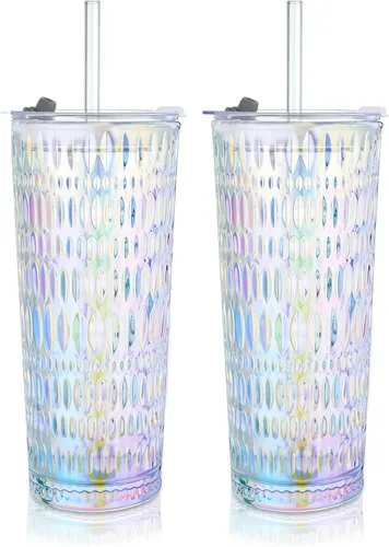 Vista 14 de Puraville Paquete de 2 vasos de vidrio de 18 onzas con tapas y pajitas, cristalería gruesa con patrón de diamante vintage para whisky, cóctel