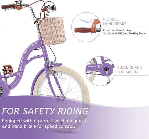 Vista 3 de 20 Inch Girls Bike Ages 8-12, 20 Inch Bike with Basket and Kickstand, Single Speed Girls Bikes Kids Bicycle with Front and Rear Brakes, Children