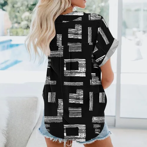 Vista 5 de Blusas elegantes para mujer, de verano 2022, casuales, de manga corta, ajuste holgado, con botones, con estampado de lunares, cuello en V