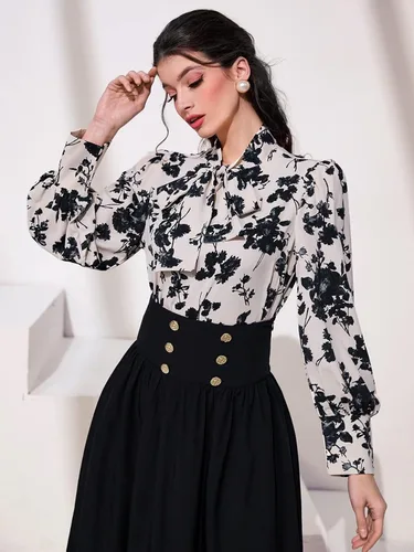 Vista 3 de Floerns - Blusa con estampado floral para mujer, cuello con corbatín y de manga farol larga