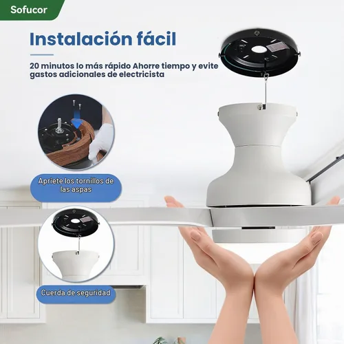 Vista 9 de Sofucor Ventilador de techo inteligente de perfil bajo de 52 pulgadas con luces y control remoto, ventilador de techo empotrado funciona con Blanco