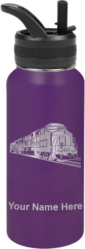 Vista 48 de LaserGram Botella de agua personalizada, tren de carga, acero inoxidable de doble pared aislada al vacío con popote superior, regalo grabado Negro
