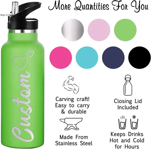 Vista 2 de Botellas de agua personalizadas de 12 onzas, botella de agua de acero inoxidable personalizada con tapa con pajilla, botellas de doble pared