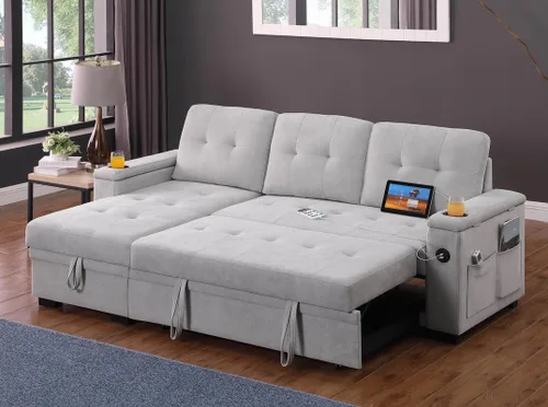 Vista 5 de Lilola Home Ashlyn II - Sofá modular reversible de tela tejida gris de 84 pulgadas con diván de almacenamiento, brazos de almacenamiento