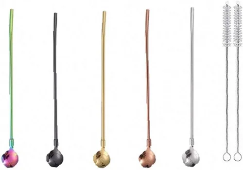 Vista 16 de 7 popotes de metal para beber con 2 cepillos de limpieza de 8.5 pulgadas, cuchara de barra reutilizable para café helado, bebida congelada, batidos