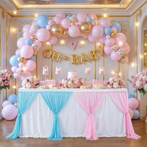 Vista 3 de Falda de mesa de revelación de género, falda tutú de tul rosa y azul de 9 pies para revelación de género para niños o niñas, fiesta de cumpleaños