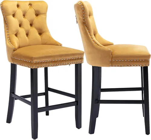 Vista 12 de Taburetes de bar tapizados de terciopelo modernos de 27 pulgadas con patas de madera, botón con cabeza de clavo cromada, taburetes de bar con Beige