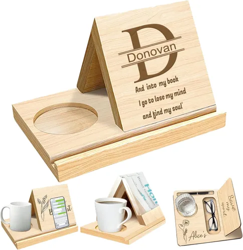 Vista 8 de Soporte de libro triangular de madera de roble macizo con diseño de flor de nacimiento, estantería personalizada con nombre de texto grabado