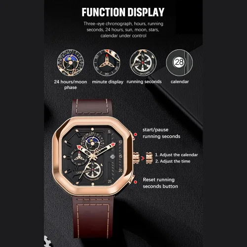 Vista 4 de Weicam Reloj de pulsera de cuarzo analógico de lujo con esfera cuadrada y cronógrafo, impermeable, para hombre y niño