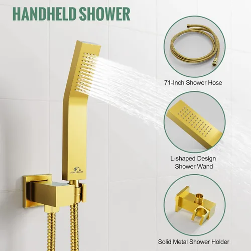 Vista 6 de SunCleanse juego de grifos con regadera tipo lluvia en oro cepillado, juego combinado para baño con cabezal de alta presión de 25.4 cm con válvulas