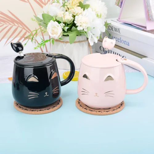 Vista 5 de Taza de café de cerámica rosa con diseño de gato lindo hecho a mano con cuchara de acero inoxidable, taza de gatito, tazas únicas de chocolate Negro