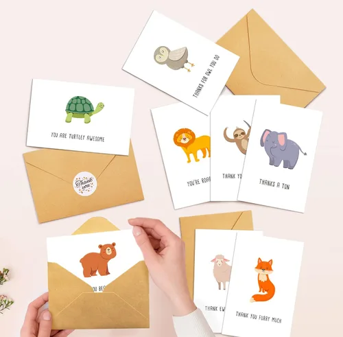 Vista 5 de Juego de 48 Tarjetas de Agradecimiento, Paquete de Tarjetas de Notas de Agradecimiento con Juegos de Palabras de Animales, Tarjetas de Animales