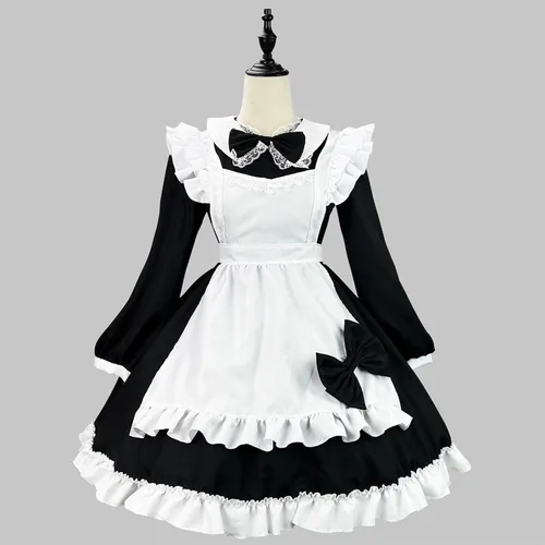 Vista 3 de Lindo vestido de Lolita de sirvienta para mujer, con ribete de encaje, manga larga, con volantes, delantal, vestido de cafetería, camarera, cosplay