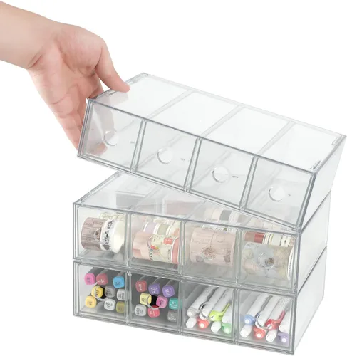 Vista 7 de Paquete de 3 cajones de almacenamiento de acrílico apilables, organizador de escritorio, cajas de almacenamiento de cosméticos transparentes, diseño