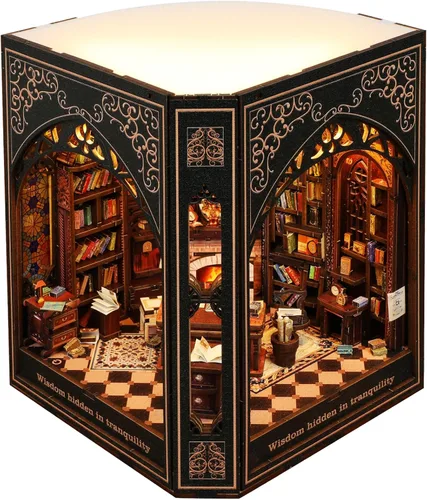 Vista 8 de Nookmaster Kit de rincón de libros – Biblioteca clásica en miniatura para casa de muñecas para libros con luces LED, regalo creativo de bricolaje