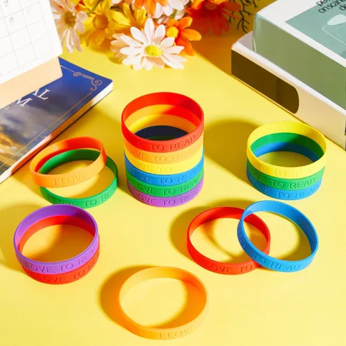 Vista 7 de Jutom 60 pulseras de silicona con texto en inglés "I Love to Read", coloridas pulseras motivacionales para niños, premios de lectura en el aula