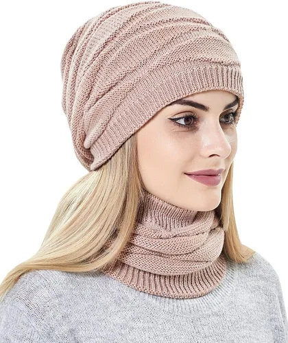 Vista 2 de Conjunto de gorro y bufanda para mujer para niñas, gorro de esquí de invierno de punto cálido con forro polar