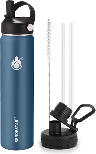 Vista 48 de SENDESTAR Botella de agua aislada de 24 onzas, boca ancha, botella de agua de 24 onzas con tapa con popote, tapa de boquilla, acero inoxidable
