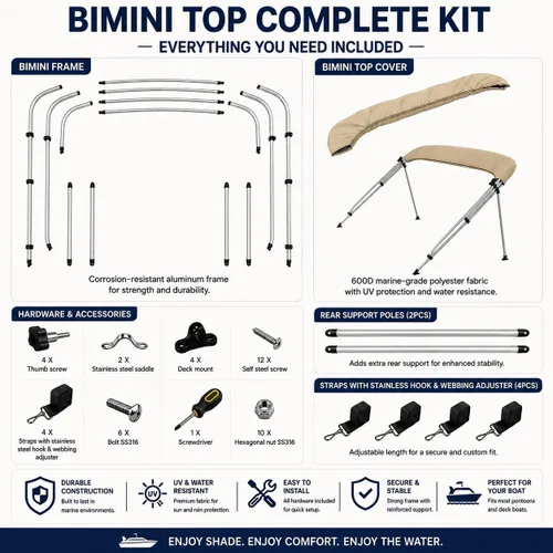 Vista 5 de MSC - Toldo superior de barco de 3 y 4 arcos, poliéster teñido en solución 600D, incluye 2 postes de soporte y 4 correas ajustables Beige