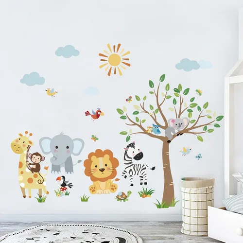 Vista 2 de decalmile Pegatinas de pared de animales de la selva mono, árbol, elefante