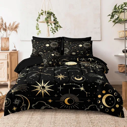 Vista 2 de Bedding_Dreamer Juego de ropa de cama Queen en una bolsa, diseño de sol y luna, espacio misterioso, decoración del hogar, edredón de plumón