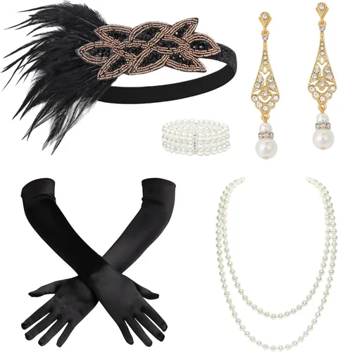 Vista 16 de BABEYOND - Accesorios estilo 1920s, Set de accesorios para disfraz Gatsby de los años 20s, diadema Flapper, collar de perlas, guantes, soporte