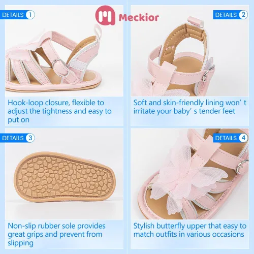 Vista 180 de Meckior Sandalias de verano con punta abierta y suave de piel sintética para bebés y niñas pequeñas