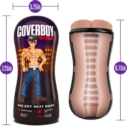 Vista 3 de Blush Coverboy Bad Boy Next Door 7.5" Masturbador autolubricante de bolsillo, realista para hombres, manga con textura acanalada, sensación similar
