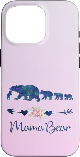 Vista 20 de Funda para iPhone 16, diseño floral de mamá oso de cuatro cachorros, color verde azulado y morado