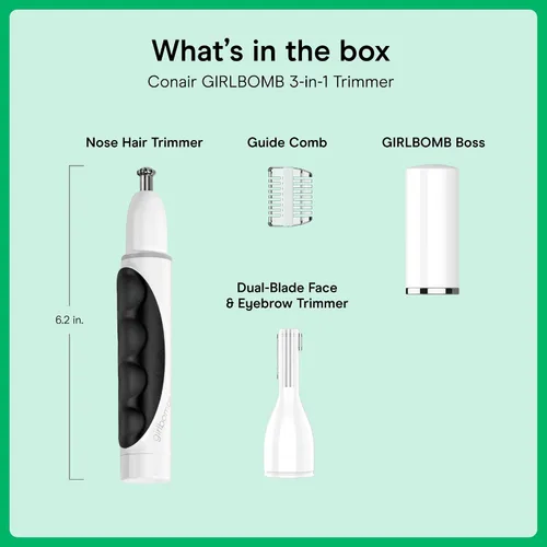 Vista 7 de Conair GIRLBOMB Recortador de Pelo de Nariz para Mujeres, Eliminación de Vello Facial para Mujeres Funciona con Pilas, Hoja Biselada 360°
