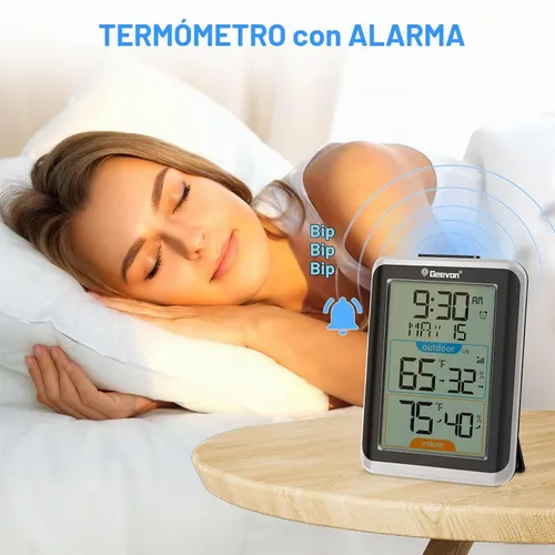 Vista 4 de Geevon Termómetro e higrómetro inalámbrico para interiores/exteriores, sensor digital de temperatura y humedad con hora, reloj, rango de 200 Negro B
