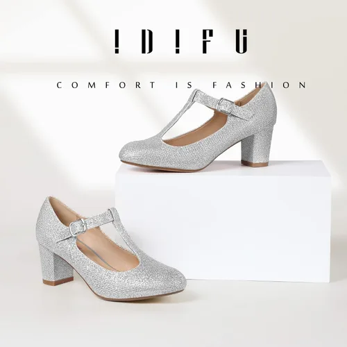 Vista 2 de IDIFU Zapatos de vestir para mujer, zapatos de vestir Mary Jane, zapatos de vestir bajos y gruesos con correa en T, zapatos de boda para novia