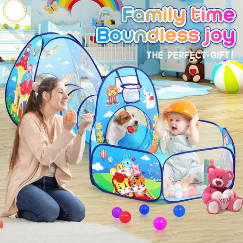 Vista 2 de Tienda de campaña de juego para niños de 3 piezas con túnel de juego y foso de pelotas, tienda de campaña para niños pequeños para niñas y niños