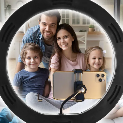 Vista 5 de Aduro Anillo de luz U-Stream con trípode de soporte, anillo de luz para selfie de 10 pulgadas para iPhone con trípode y soporte para teléfono