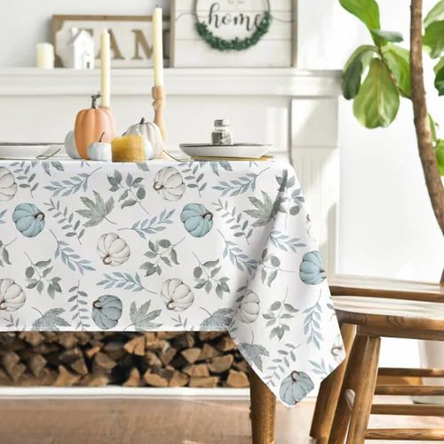 Vista 3 de Horaldaily Mantel rectangular de otoño de 52 x 70 pulgadas, diseño de calabazas y hojas azules de cosecha de otoño de Acción de Gracias