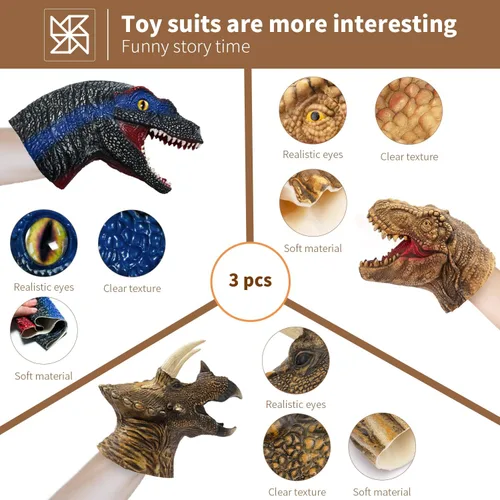 Vista 6 de Yolococa Juego de títeres de mano de dinosaurio realista de látex suave con cabeza de animal, juguetes de marionetas de mano, regalo para niños