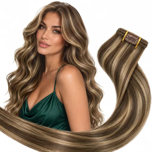Vista 13 de Ve Sunny Extensiones de cabello humano real con clip balayage, color marrón castaño degradado a rubio, 12 pulgadas, 5 unidades, 2.82 onzas