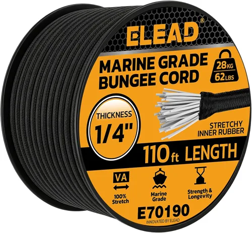 Vista 15 de Rollo de cuerda elástica con 40 ganchos ajustables, cuerdas elásticas resistentes de 1/3 pulgadas x 65 pies, cuerda elástica negra de grado marino