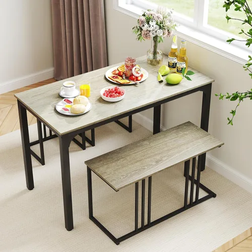 Vista 8 de GOFLAME Juego de mesa de comedor de 4 piezas para 4, mesa de comedor rectangular de madera con banco y 2 taburetes, juego de mesa de cocina