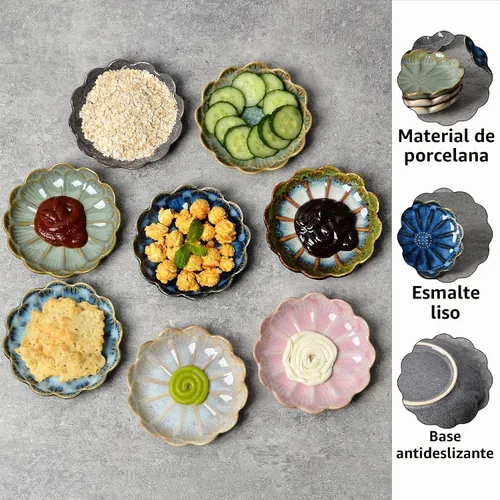 Vista 6 de Juego de Cuencos de Cerámica para Sumergir de 8 Piezas, Tazas de Salsa de 3 oz, Plato Pequeño Redondo de Crisantemo para Sushi, Tomate, Salsa