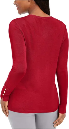 Vista 2 de JM COLLECTION Suéter de manga larga acanalado rojo con cuello redondo para mujer, talla PXL, Rojo