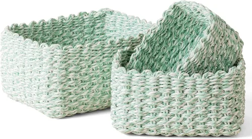 Vista 8 de LA JOLIE MUSE Pequeñas cestas de mimbre para organizar, contenedores de almacenamiento de cuerda de papel reciclado para estantes, armarios de baño