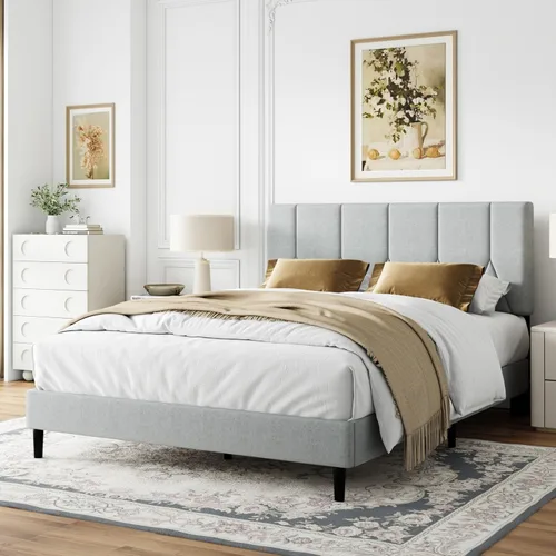 Vista 15 de IOILORI Base de cama tamaño matrimonial con cabecera tapizada de terciopelo, listones de madera resistentes, sin caja de resortes, sin ruido, fácil