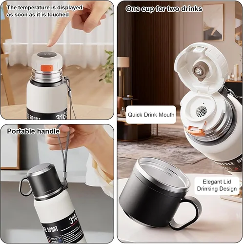 Vista 4 de Botella de agua aislada de boca ancha de acero inoxidable a prueba de fugas al vacío de doble pared, vaso de té con infusor, taza, tapa; termos
