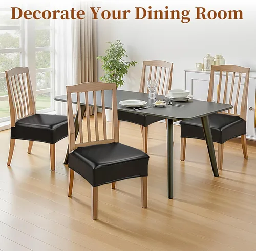 Vista 8 de Juego de 4 fundas de asiento impermeables para sillas de comedor, fundas de asiento de cocina de cuero, resistentes a las manchas, fundas elásticas