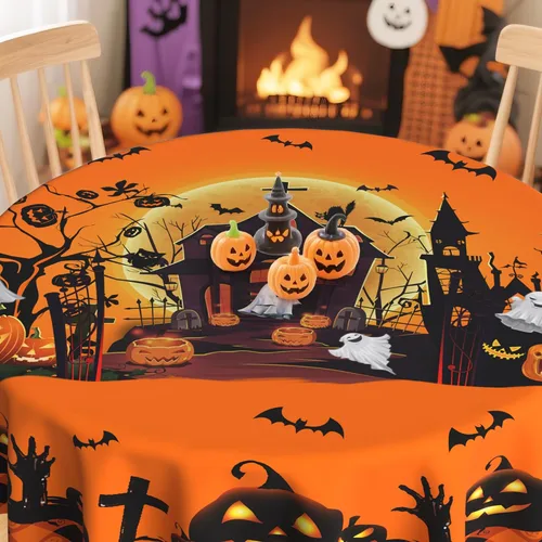 Vista 3 de Hexagram Mantel redondo de Halloween de 60 pulgadas, mantel de fantasma de calabaza