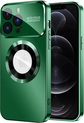 Vista 24 de MAKAVO Funda magnética para iPhone 12 Pro, compatible con MagSafe, protector de lente de cámara integrado, vista de logotipo, funda de teléfono a