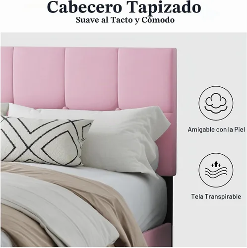Vista 4 de Base de cama de plataforma de terciopelo de tamaño matrimonial con cabecera tapizada y soporte de listones resistentes, diseño con botones,